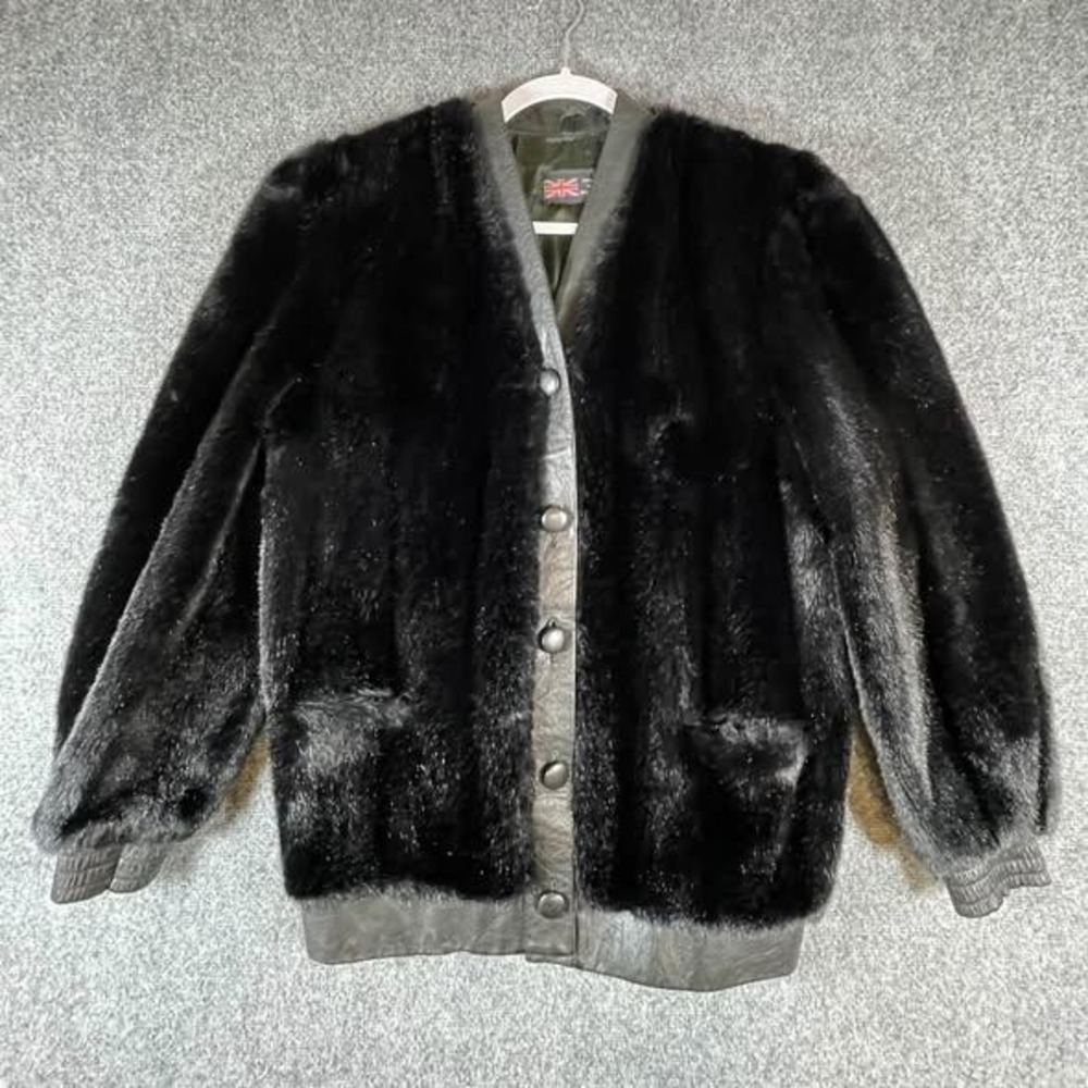 Vintage Adolph Schumann Lilli Ann Faux Fur & Leather Coat Wms Medium Black 70s